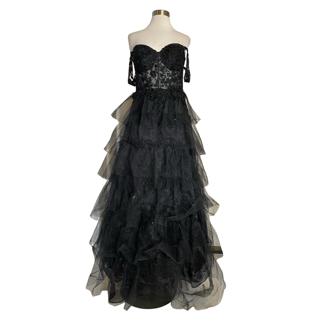 BOUTIQUE Long Tiered Tulle Gown Black Size 8
