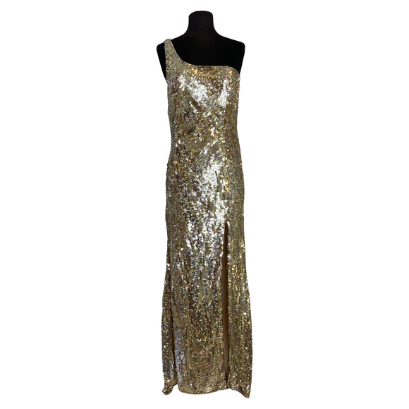 BOUTIQUE Long One Shoulder Gown Gold Size 8 NWT