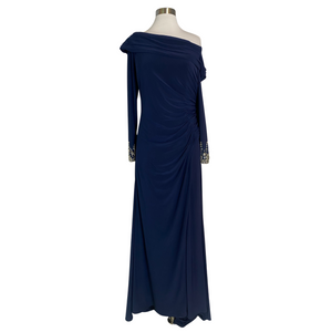 MAC DUGGAL Navy Beaded Cuff Drop Shoulder Faux Wrap Long Gown  Size 12 NWT