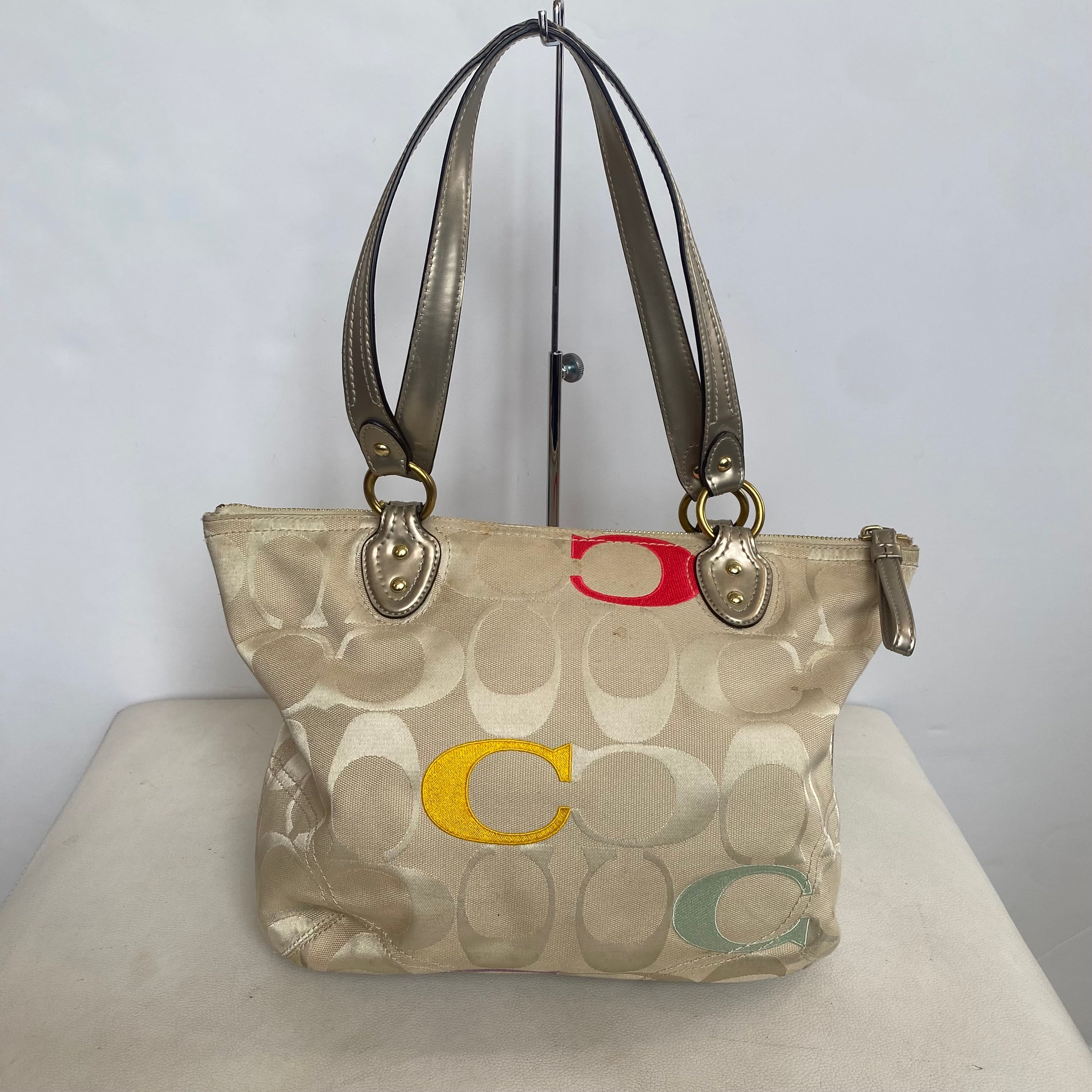 COACH #L1220-23521 Poppy Tote Shoulder Bag Embroidered C Tan 