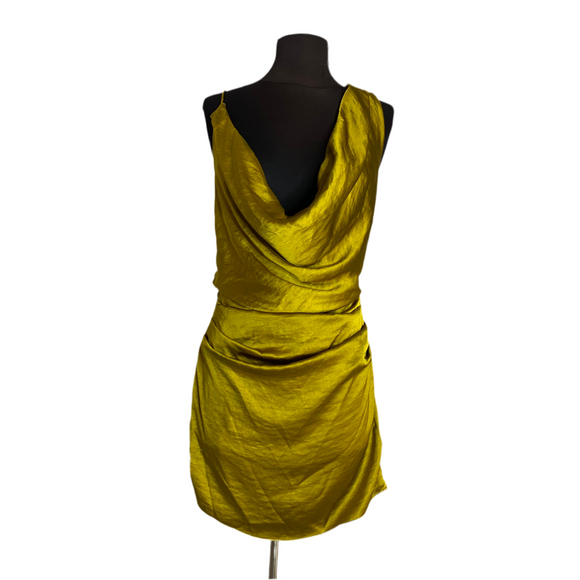 PRETTY LITTLE THING X Naomi Campbell Satin Ruched Cocktail Dress Chartreuse Size 4 NWT