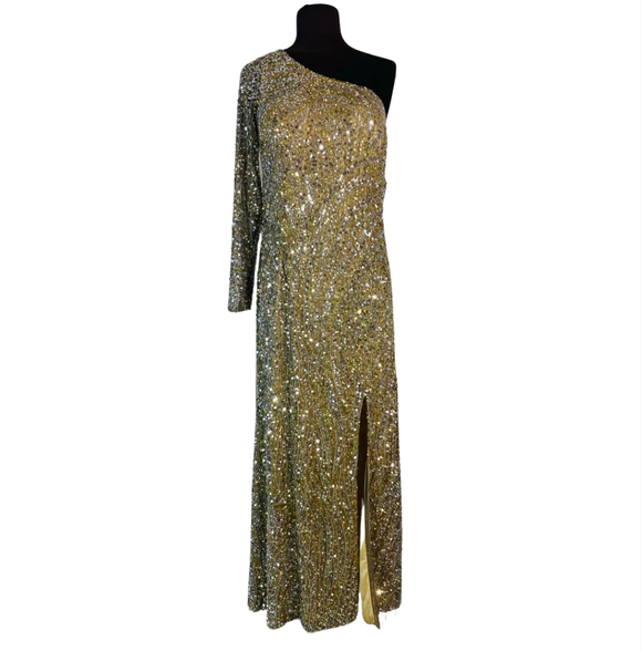 SCALA Long Sequin One Shoulder Gown Gold/Pewter Size 8
