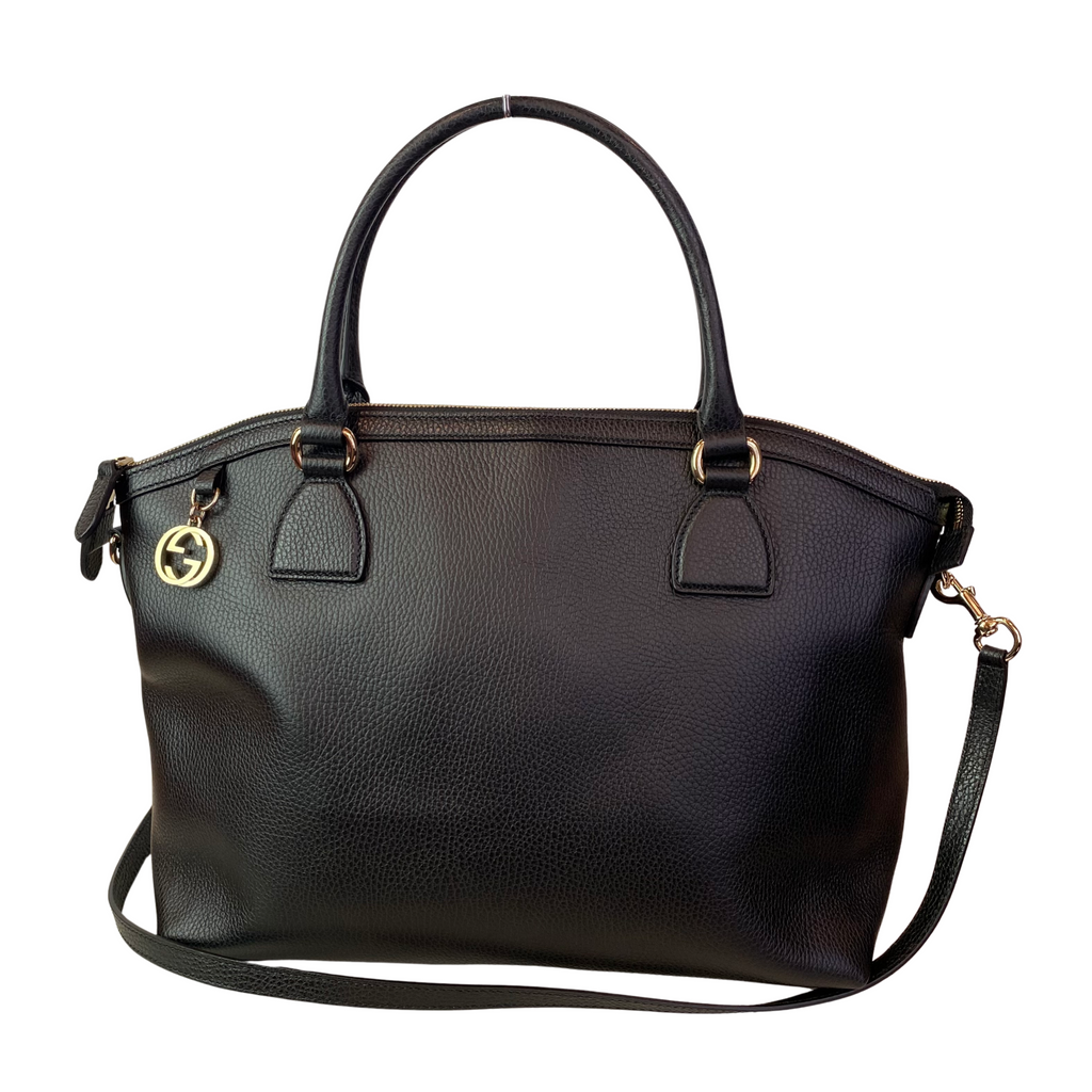 GUCCI Large Interlocking G’s Dome Tote Black Pebbled Leather Shoulder Bag