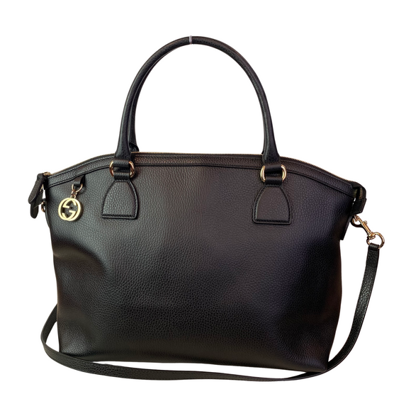 GUCCI Large Interlocking G’s Dome Tote Black Pebbled Leather Shoulder Bag