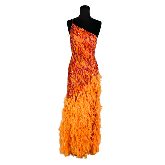 RACHEL ALLAN Style#70412 Long One Shoulder Gown Tangerine Multi Size 4