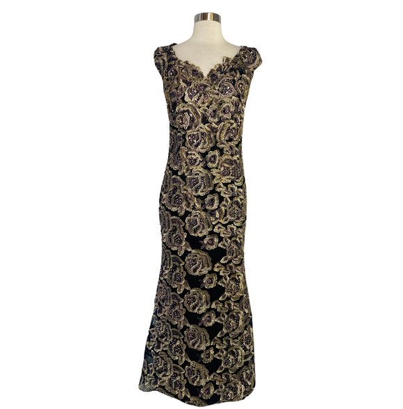 JOVANI Cap-Sleeve Embroidered Rose Gown, Black/Gold Size 10