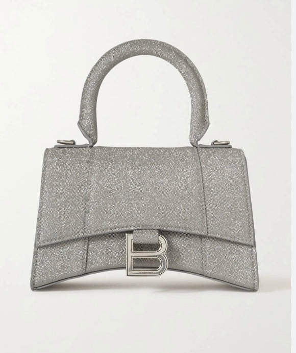 BALENCIAGA Hourglass Mini Glitter Top Handle Bag Silver