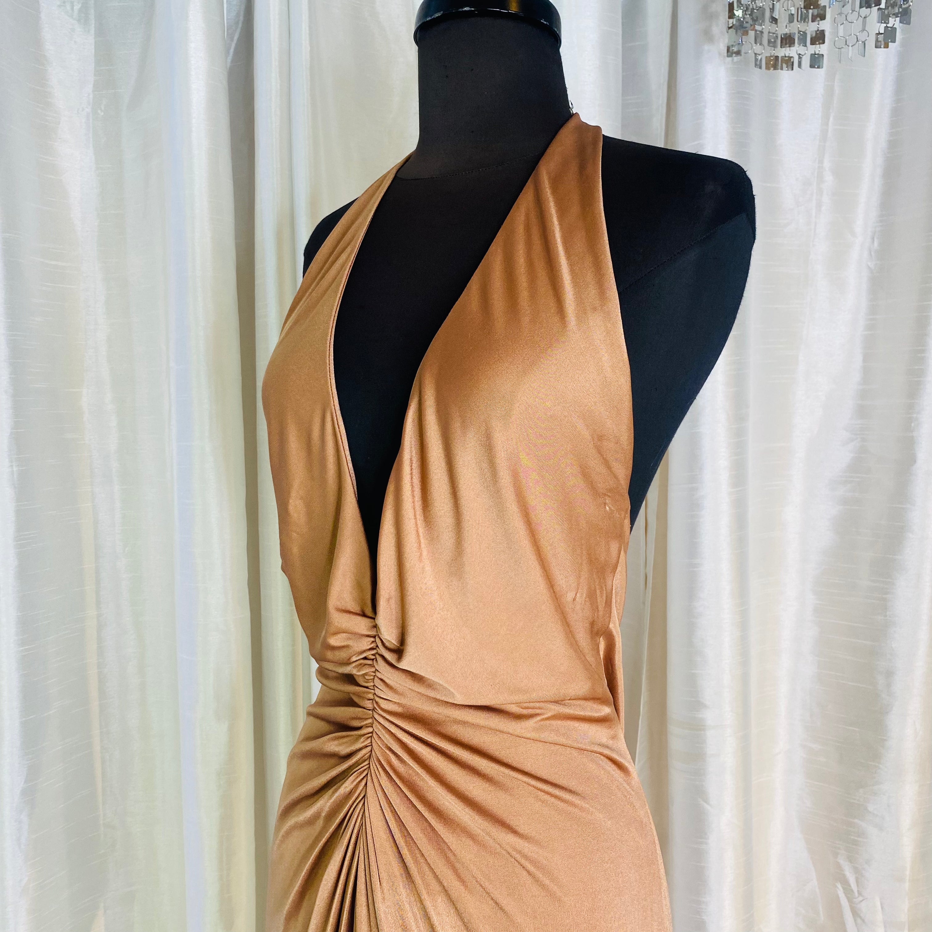 VERSACE VINTAGE SS 2005 PLUNGING HALTER RUNWAY Cocktail Dress Light Co –  Style Exchange Boutique PGH