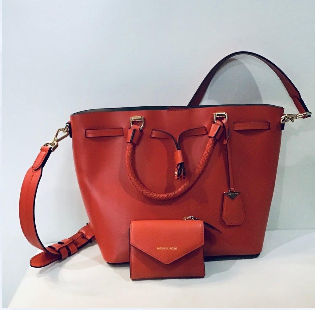 MICHAEL KORS Red/Deep Pink Blakely Medium Leather Bucket Bag & Red Small Blakely Wallet NWOT