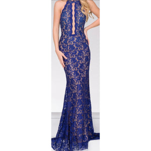 JOVANI 45169 Royal Blue Simmering Halter Scalloped Split Evening Gown Size 4