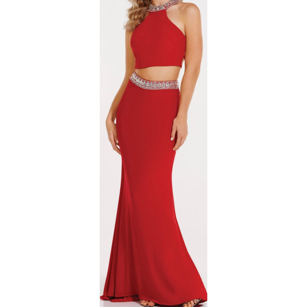 ALYCE PARIS 8009 Red Halter Crop Top with Jewels and Strappy Caged Back Gown Size 8