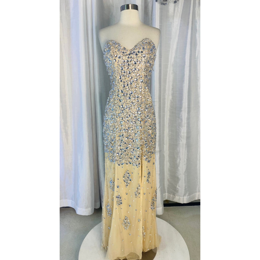 JOVANI 4247 Nude and Silver Strapless Embellished High Slit Dress Size 6
