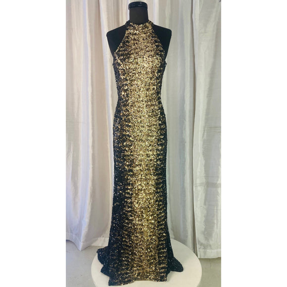 SHERRI HILL Style # 53667 Black/Copper/Gold Sequin High Cut Halter Top Open Back Gown Size 6 NWT