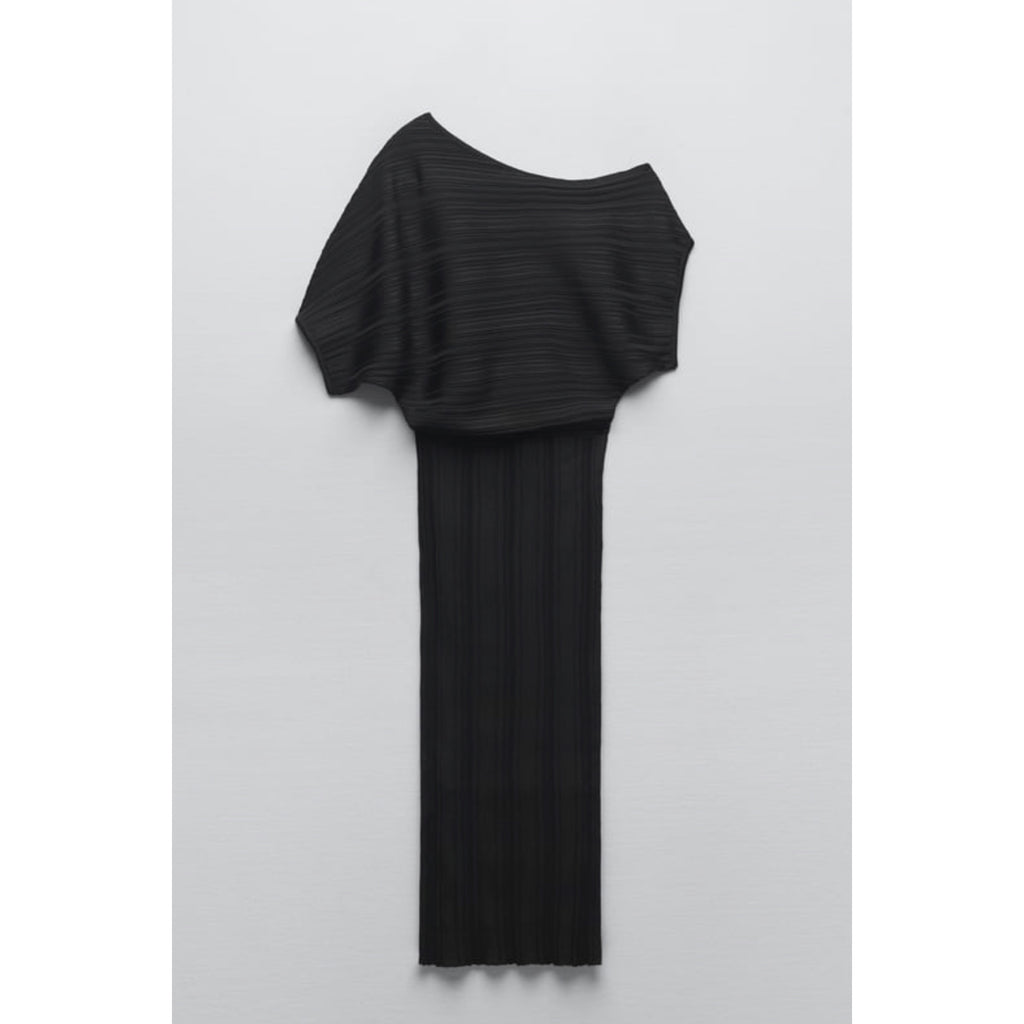 ZARA Ribbed Knit Asymmetric Cocktail Dress Black Size Small NWT
