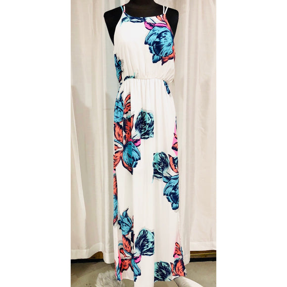 PINK OWL APPAREL White & Floral Maxi Dress Size S NWT