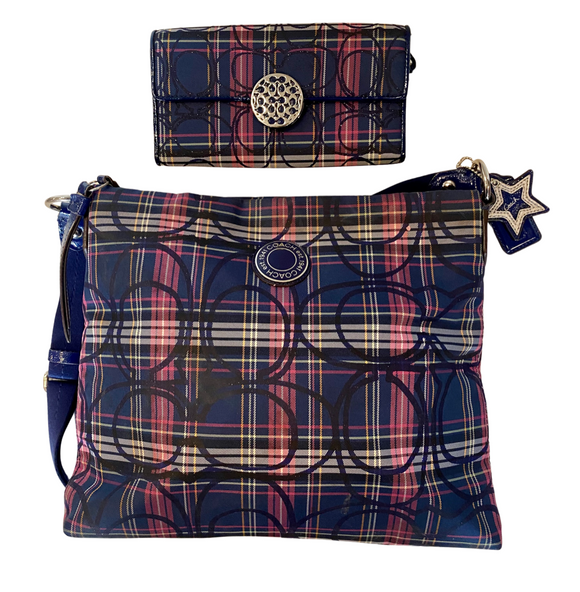 COACH Navy Plaid Crossbody/Shoulder Bag with Matching Wallet