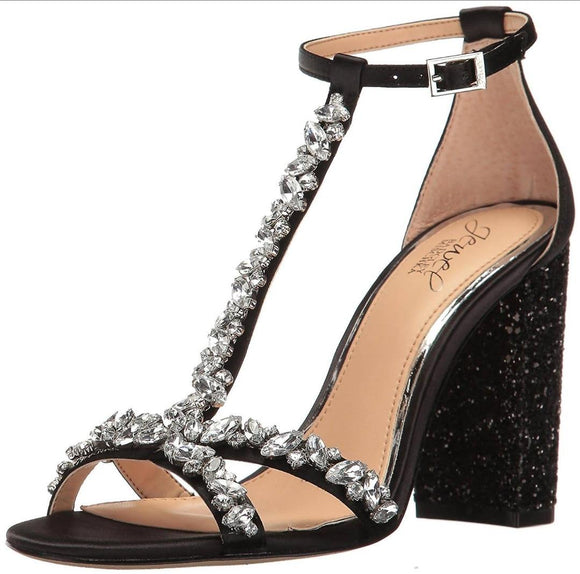 BADGLEY MISCHKA Carver Black Embellishment Glitter T-Strap Heels Size 7.5 NWOT