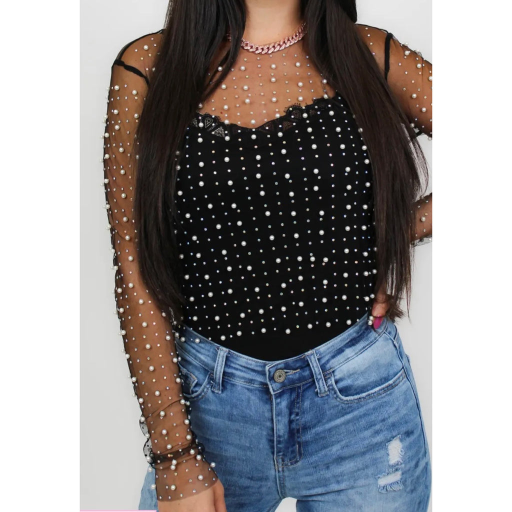 BOUTIQUE Black Mesh Top With Pearl and Rhinestone Accents Size Medium