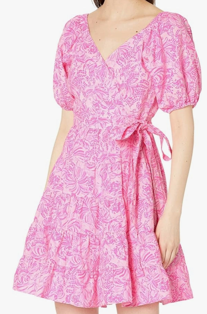 Lilly Pulitzer Iralee Linen Wrap Dress Pink Blossom Foxy Llama NWOT Size 6