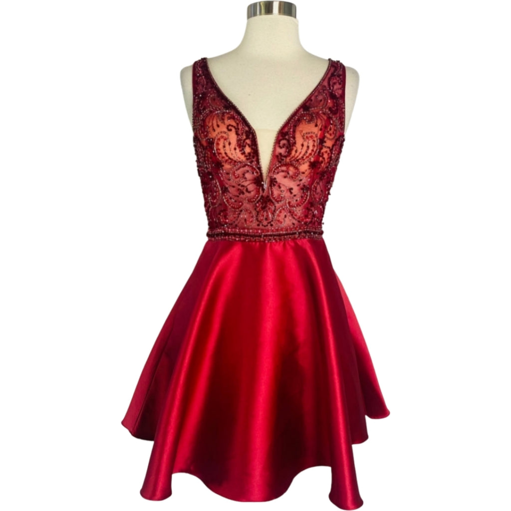 JVN By JOVANI JVN642 Burgundy Fit & Flare Deep V Short Dress Size 8