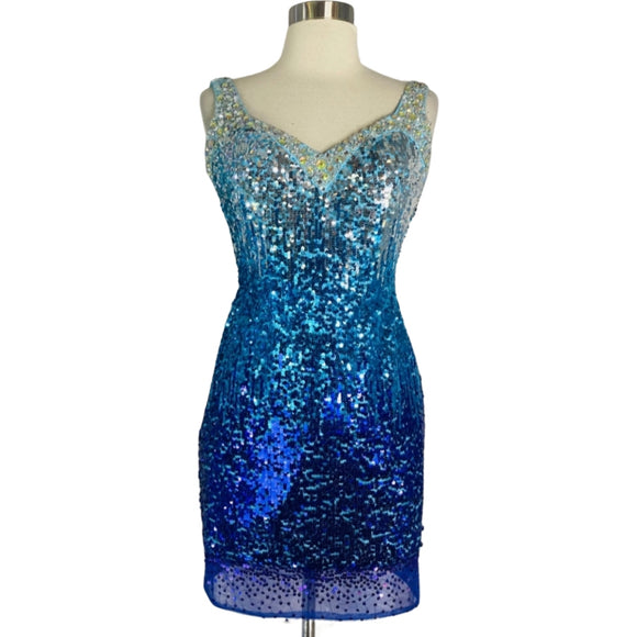 CLARISSE 2242 Indigo/Turquoise Ombre Sequin Short Dress Size 1/2