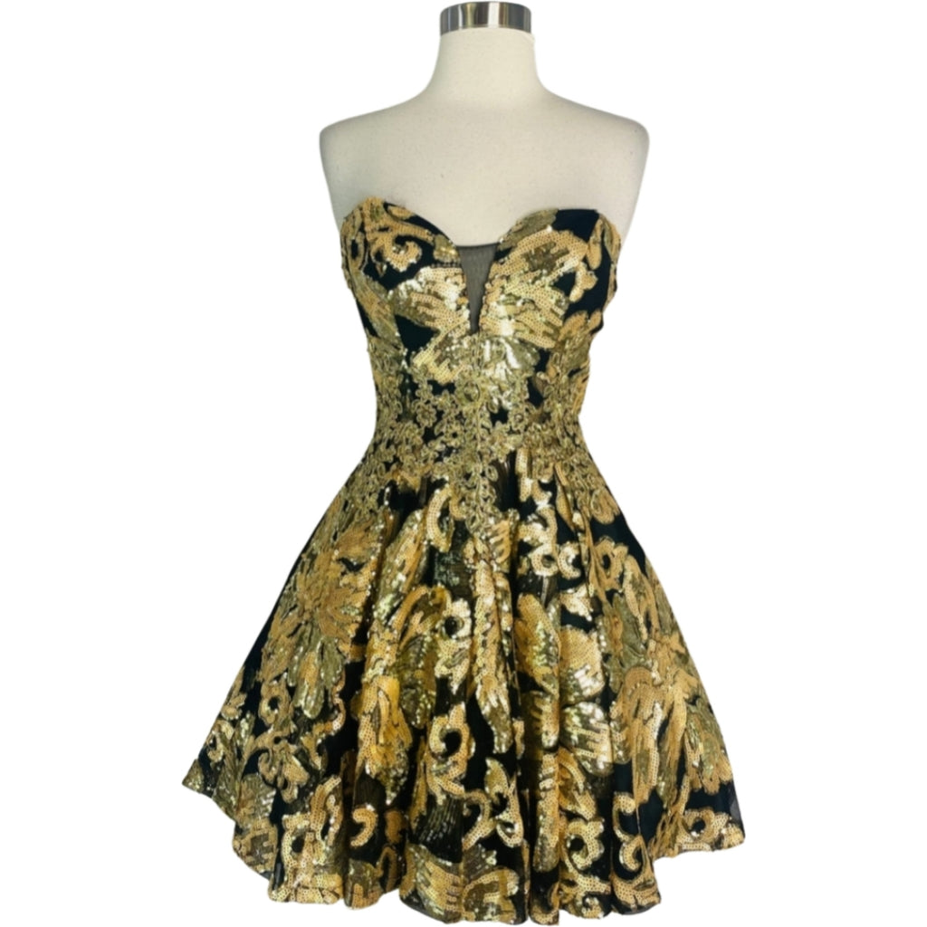 ELIZABETH K Sequin Embellished Short Black and Gold Dress Size XS