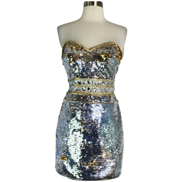 ALYCE PARIS STYLE #4337 Short Sequin Cocktail Dress Silver/Gold Size 2 NWT