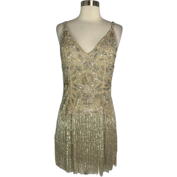 SHERRI HILL Style # 53051 Short Beaded Dress Nude/Silver Size 10