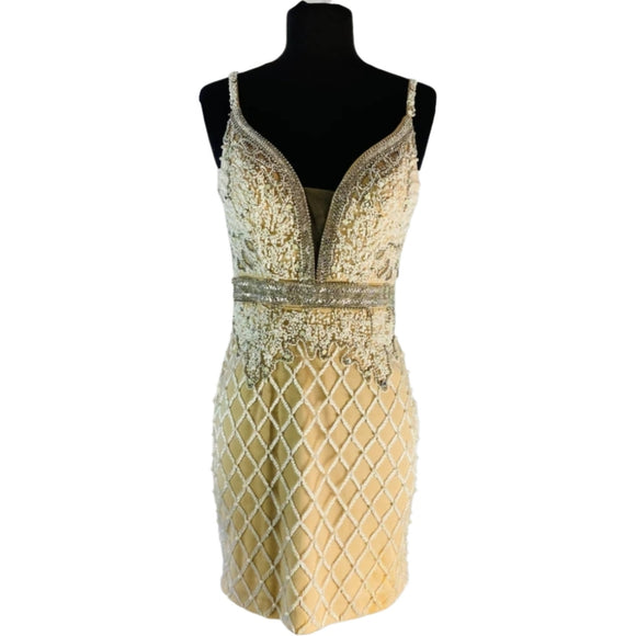 JOVANI Short Beaded Gown Champagne Size 6