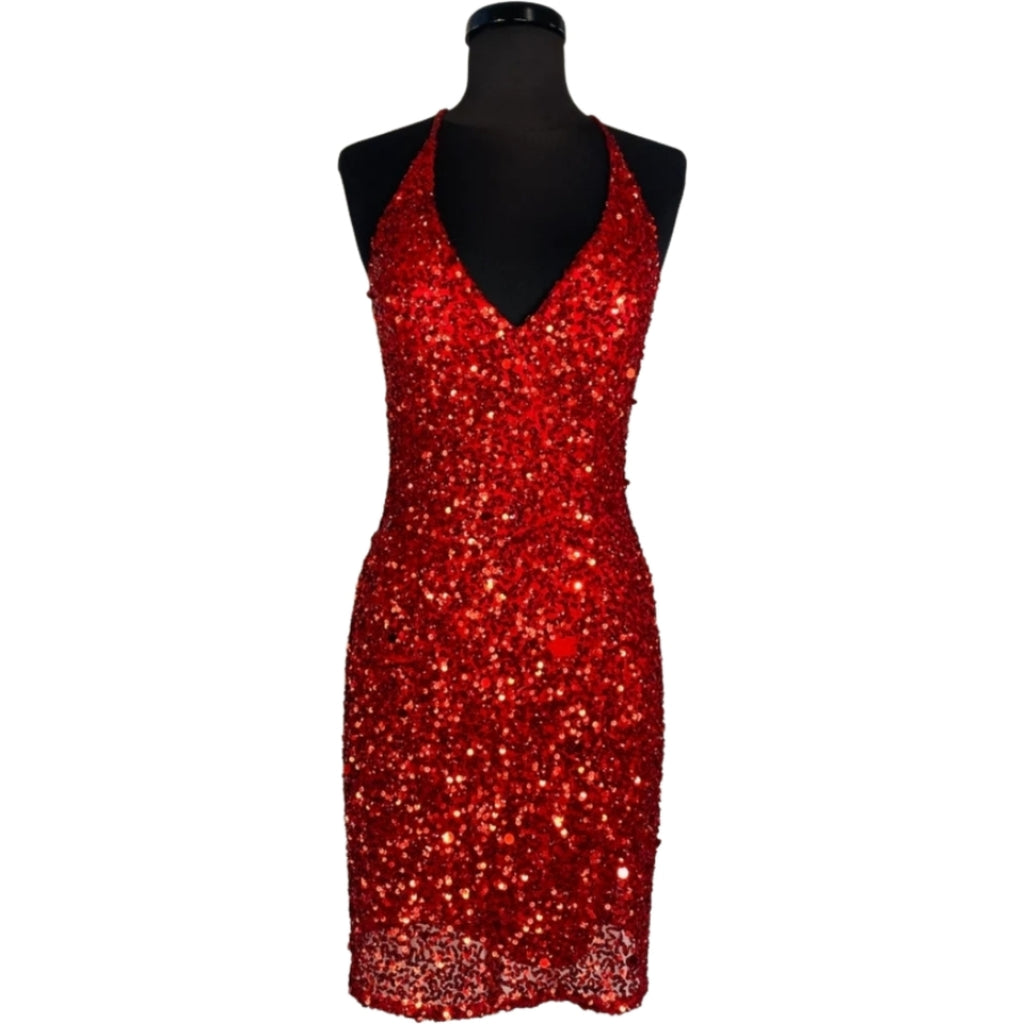 SCALA Short Beaded Sequin V-Neckline Lowback Dress Red Size 2