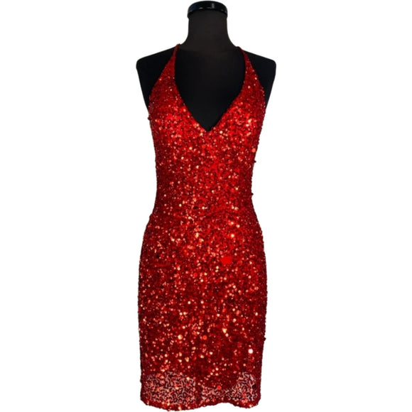 SCALA Short Beaded Sequin V-Neckline Lowback Cocktail Dress Red Size 2
