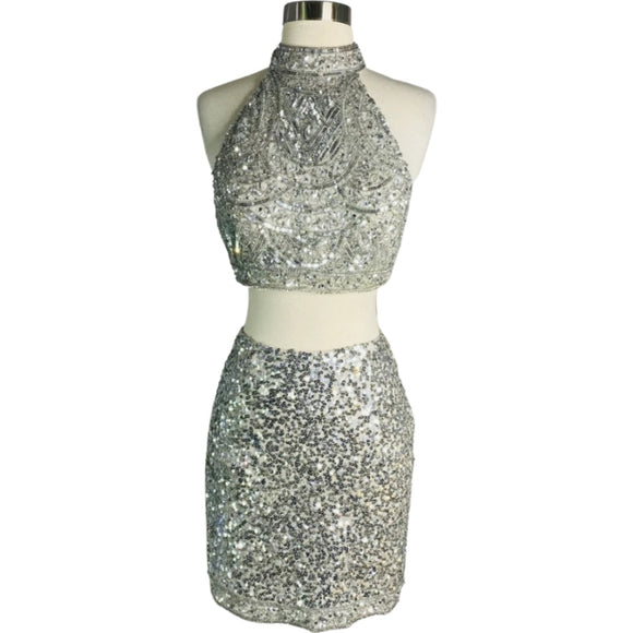 SCALA C25398A Silver Sequin Embellished Two-Piece Halter Skirt Set Size 6