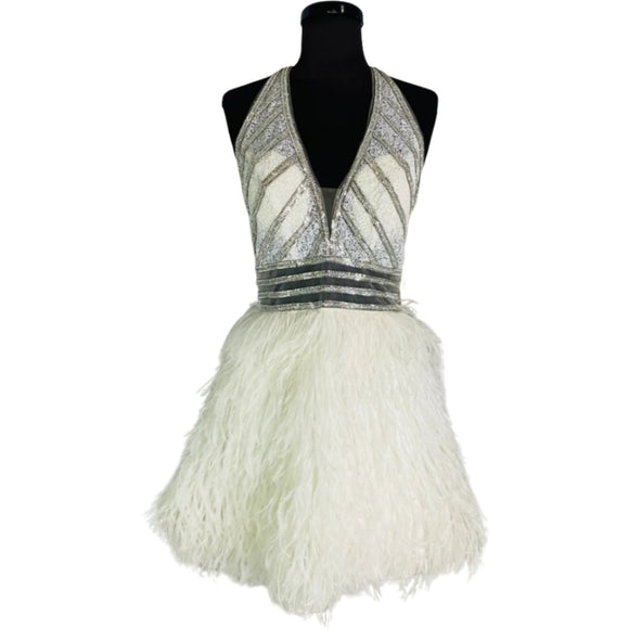 JOVANI 62303 Off-White/Silver Sequin Embellished Inset Deep V-Plunging Haltered Mini Faux Feather Short Dress Size 4