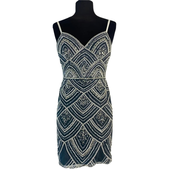 JOVANI 64598 Gray/Grey Spaghetti Strap V-Neckline Embellished Form Fitting Short Dress Size 0-4
