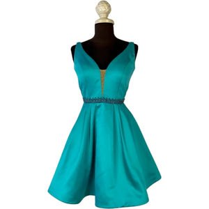 SHERRI HILL 50495 Turquoise Satin A-line Cocktail with Deep V neck & Beaded Belt Dress Size 6