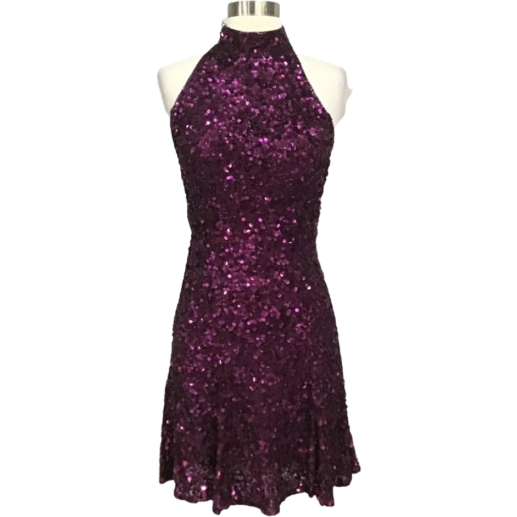 SHERRI HILL 51346 Plum Sequin Cocktail with High Neck Halter Bodice & Cut Out Back Dress Size 6