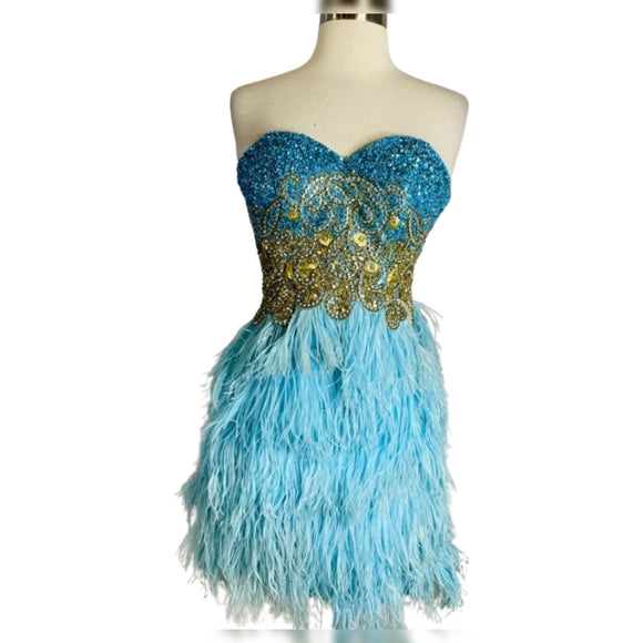 SHERRI HILL Style # 3804 Short Dress Aqua/Gold Size 0