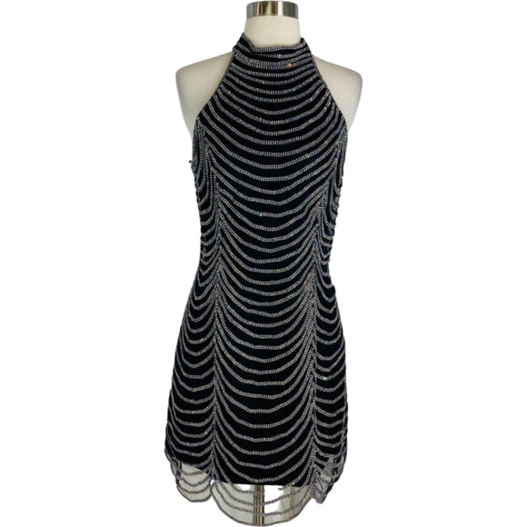 ANNY LEE Black High Neckline Crystal Embellished Short Dress Size XL