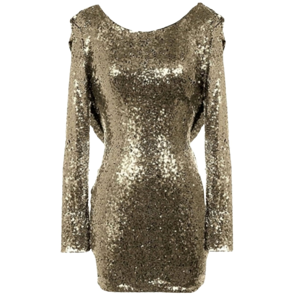 BOUTIQUE Long-Sleeve Gold Sequin Short Cocktail Gown with Drip Back Si Style Exchange Boutique PGH BOUTIQUE Long-Sleeve Gold Sequin Short Cocktail Gown with Drip Back Si Style Exchange Boutique PGH