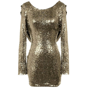 BOUTIQUE Long-Sleeve Gold Sequin Short Cocktail Gown with Drip Back Si Style Exchange Boutique PGH BOUTIQUE Long-Sleeve Gold Sequin Short Cocktail Gown with Drip Back Si Style Exchange Boutique PGH