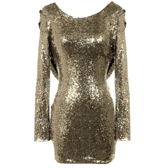 BOUTIQUE Long-Sleeve Gold Sequin Short Cocktail Gown with Drip Back Size S
