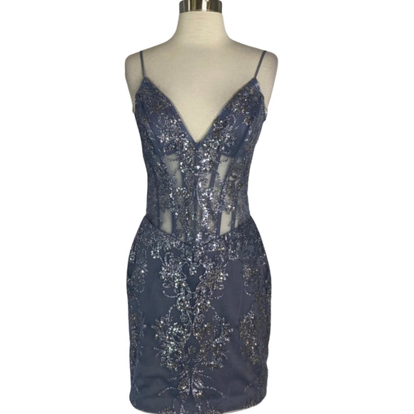 JOVANI Style # 04699 Illusion Embellished Corset Bodice Fitted Short Dress Ink Size 2 NWOT