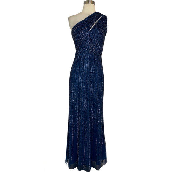 ADRIANNA PAPELL Long Sequin One Shoulder Gown Navy Size 12