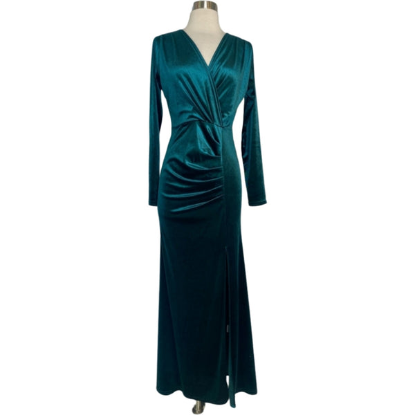 green emerald velvet dress Wishes | Bottle Green Velvet High-Neck Maxi Dress with Wrap Skirt