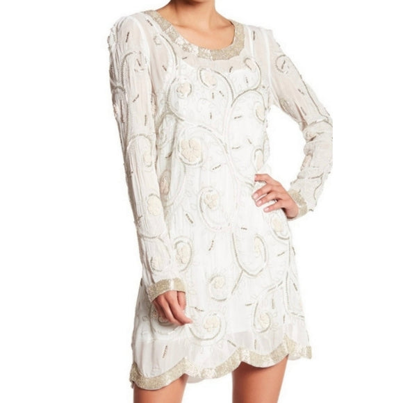 Free People Curling Vines Beaded Shift Dress Ivory Size 4