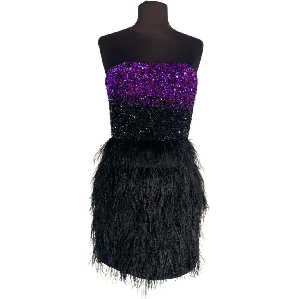 BADGLEY MISCHKA Short Sequin and Feather Cocktail Dress Purple/Black S Style Exchange Boutique PGH BADGLEY MISCHKA Short Sequin and Feather Cocktail Dress Purple/Black S Style Exchange Boutique PGH