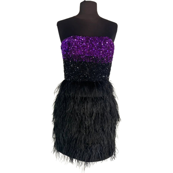 BADGLEY MISCHKA Short Sequin and Feather Dress Purple/Black Size 2