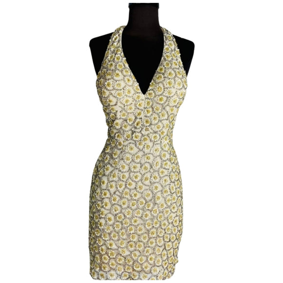 ALETA Style 726 Halter Embellished Short Dress Ivory Size 0 (fits like a 4)