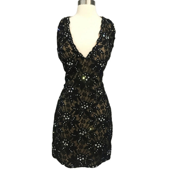 JOVANI Black & Nude Lace Embellished V-Neck Plunge Dress Size 10