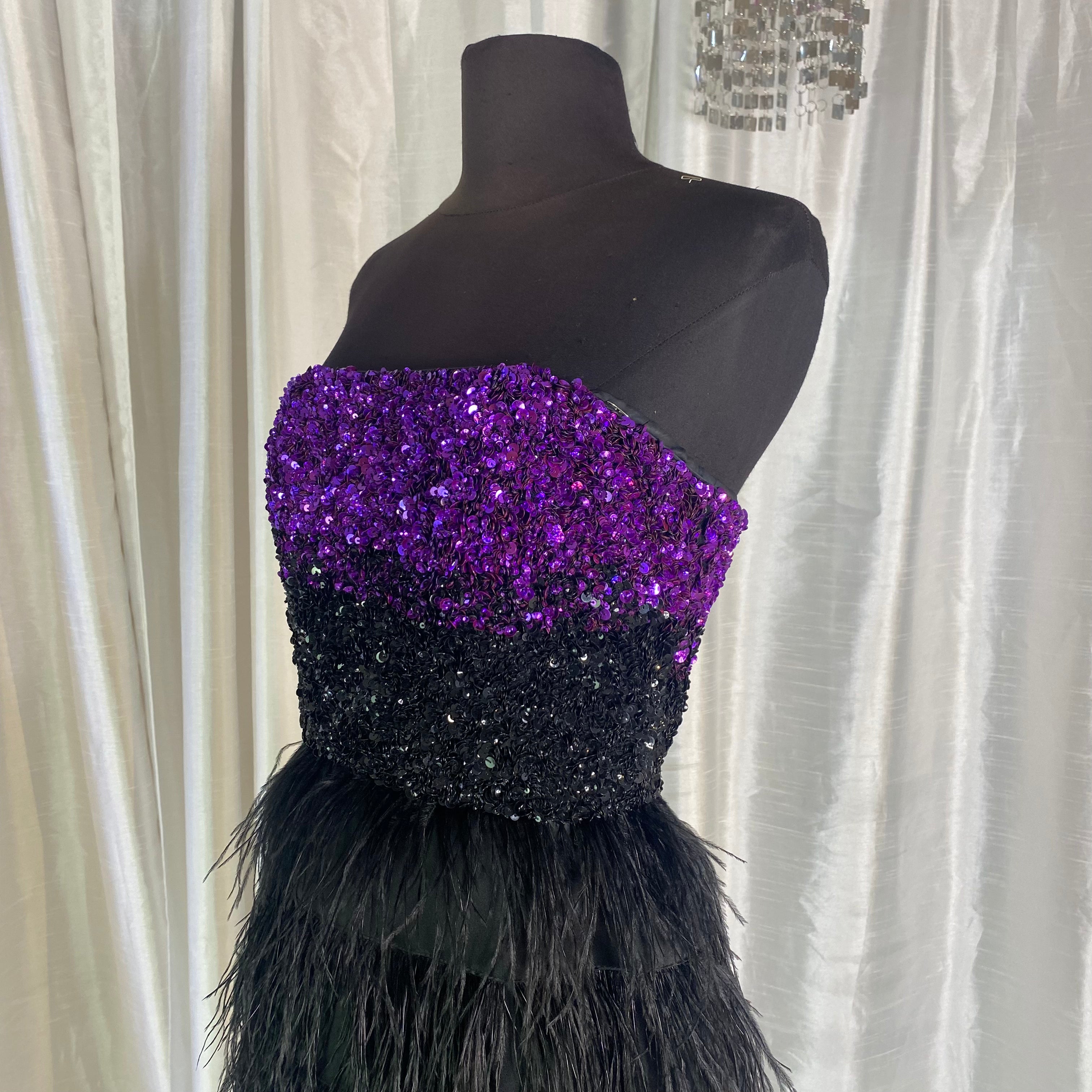 purple and black cocktail dress BADGLEY MISCHKA Short Sequin and Feather Cocktail Dress Purple/Black S –  Style Exchange Boutique PGH